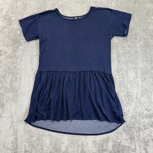 Bordeaux Short Sleeve Drop Waist Women's Large Blue Top‎ Wide Ruffle Knit Hi Low
